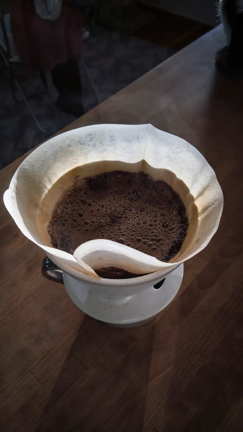 A pour-over blooming in a paper filter